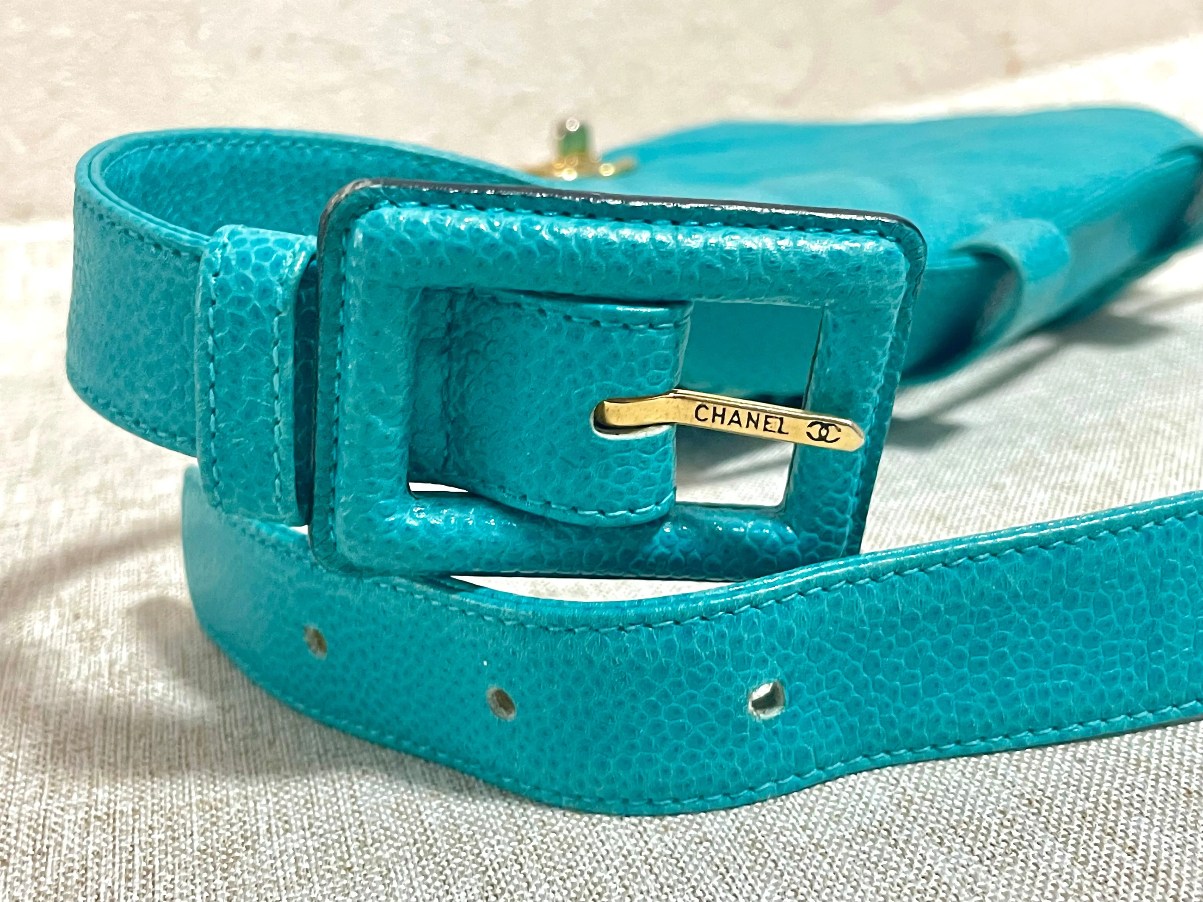 Vintage CHANEL turquoise blue caviar v stitch, chevron, waist bag, hip bag, fanny pack with matching belt with golden cc mark closure. 070225ac3