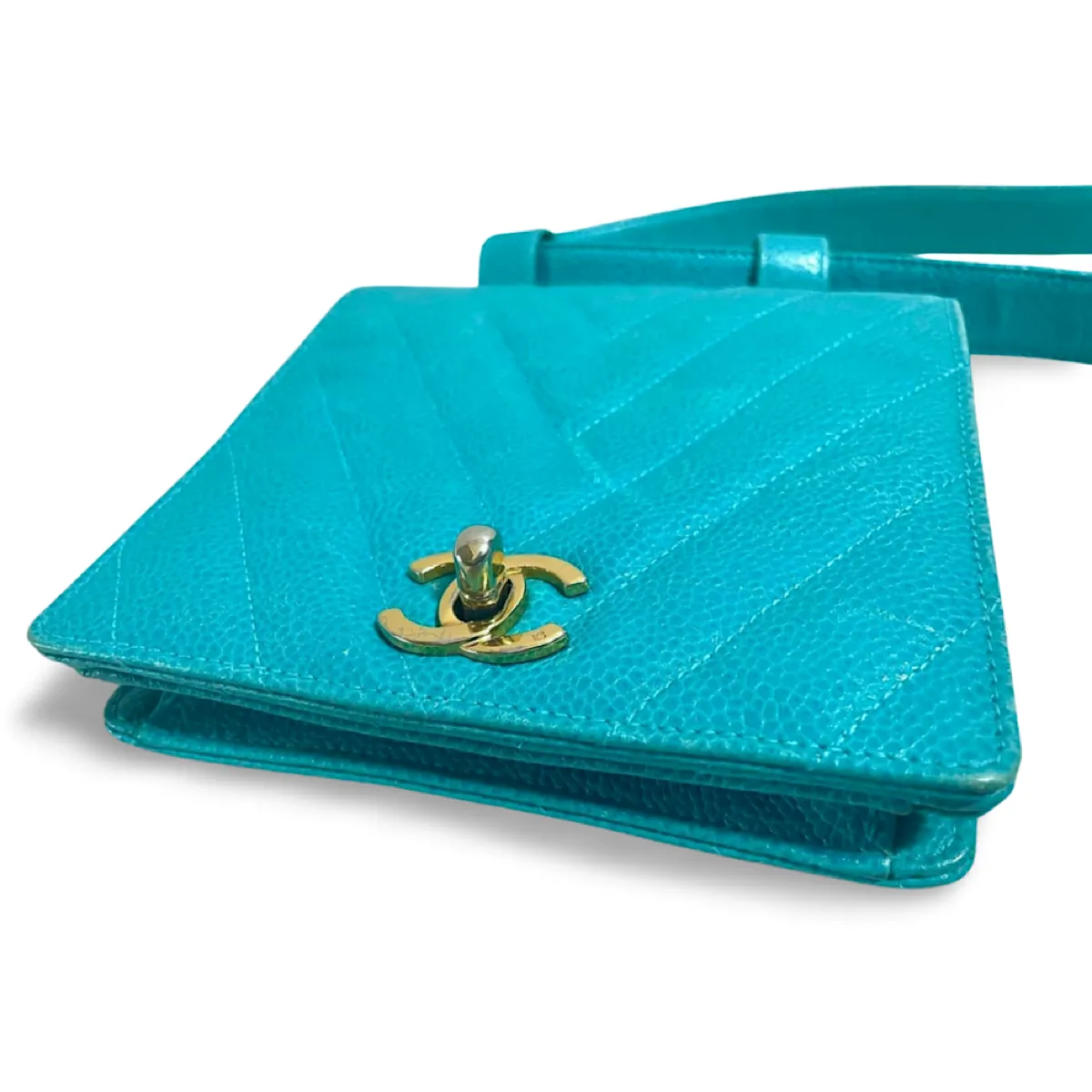 Vintage CHANEL turquoise blue caviar v stitch, chevron, waist bag, hip bag, fanny pack with matching belt with golden cc mark closure. 070225ac3