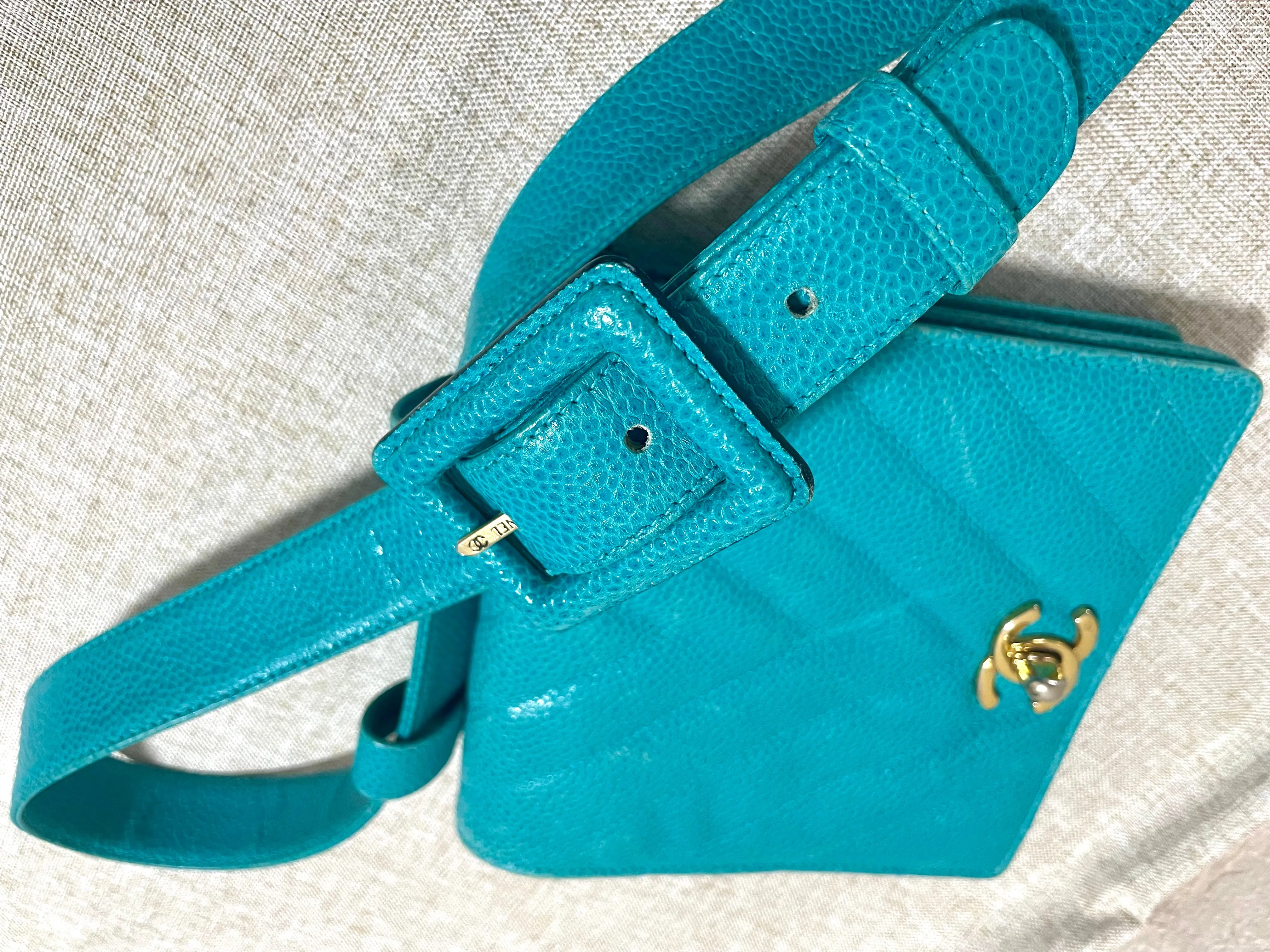Vintage CHANEL turquoise blue caviar v stitch, chevron, waist bag, hip bag, fanny pack with matching belt with golden cc mark closure. 070225ac3