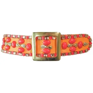 VINTAGE Circa 1960s Colorful Orange and Coral Hue Jeweled Belt with Gold Hardware Size 2-4