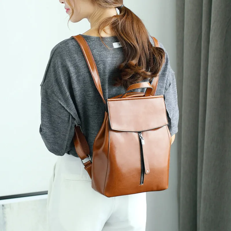Vintage Zipper Solid Burnished Cow Split Backpack