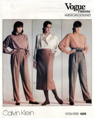 Vogue American Designer 1626 CALVIN KLEIN Womens Slim Wrap Skirt & Pleated Tapered Leg Pants 1980s Vintage Sewing Pattern Size 14 UNCUT Factory Folded
