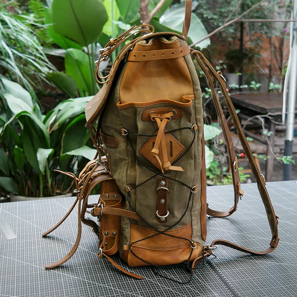 Waxed canvas and leather backpack 45 liter handmade leather waxed backpack, suitable for travel, camping, hunting, hiking