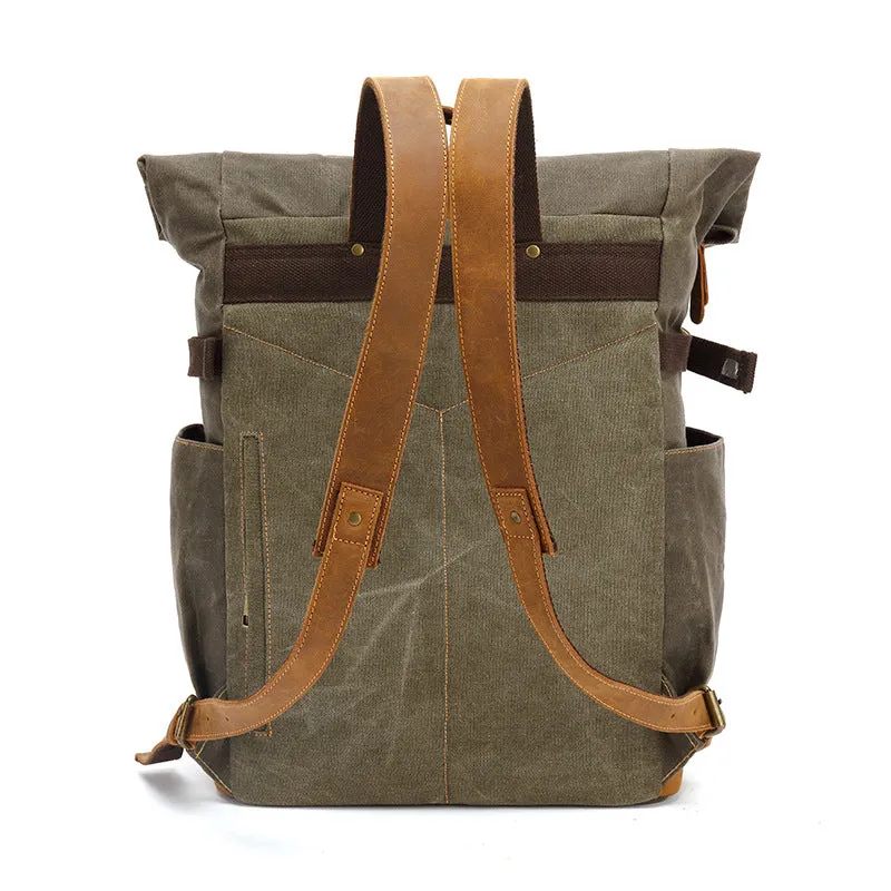 Waxed Canvas Leather Backpack Large Travel School Bag Mens Laptop Rucksack