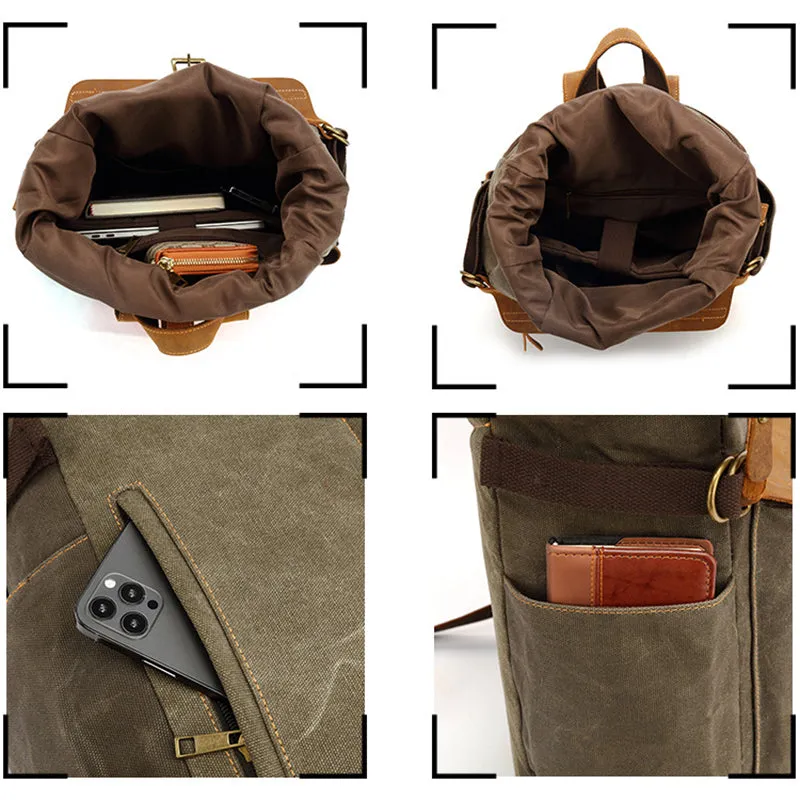 Waxed Canvas Leather Backpack Large Travel School Bag Mens Laptop Rucksack