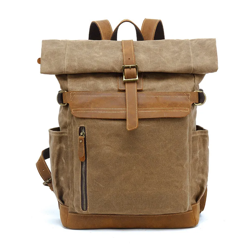 Waxed Canvas Leather Backpack Large Travel School Bag Mens Laptop Rucksack