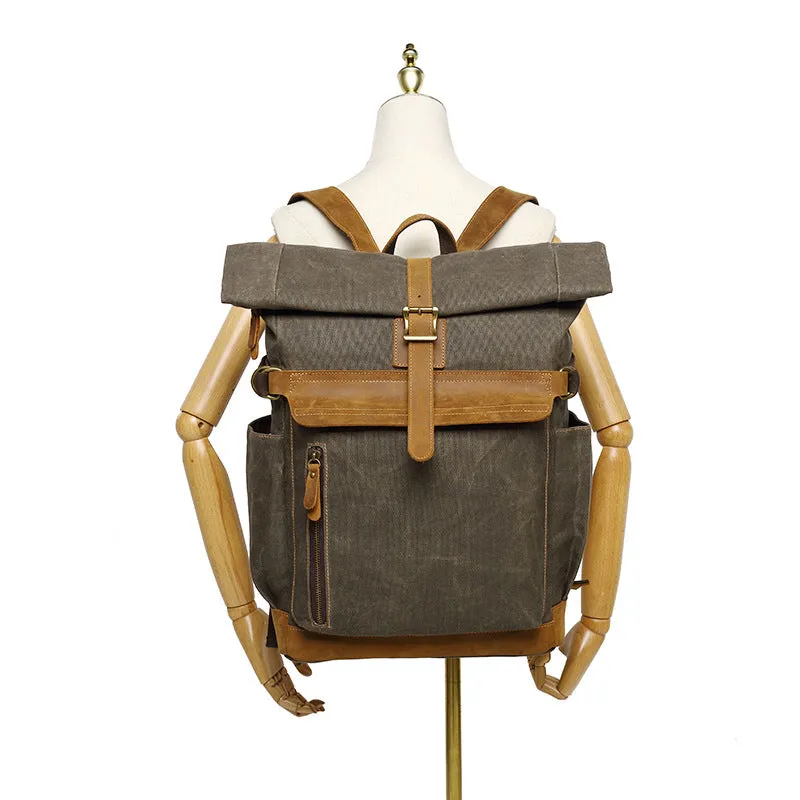 Waxed Canvas Leather Backpack Large Travel School Bag Mens Laptop Rucksack
