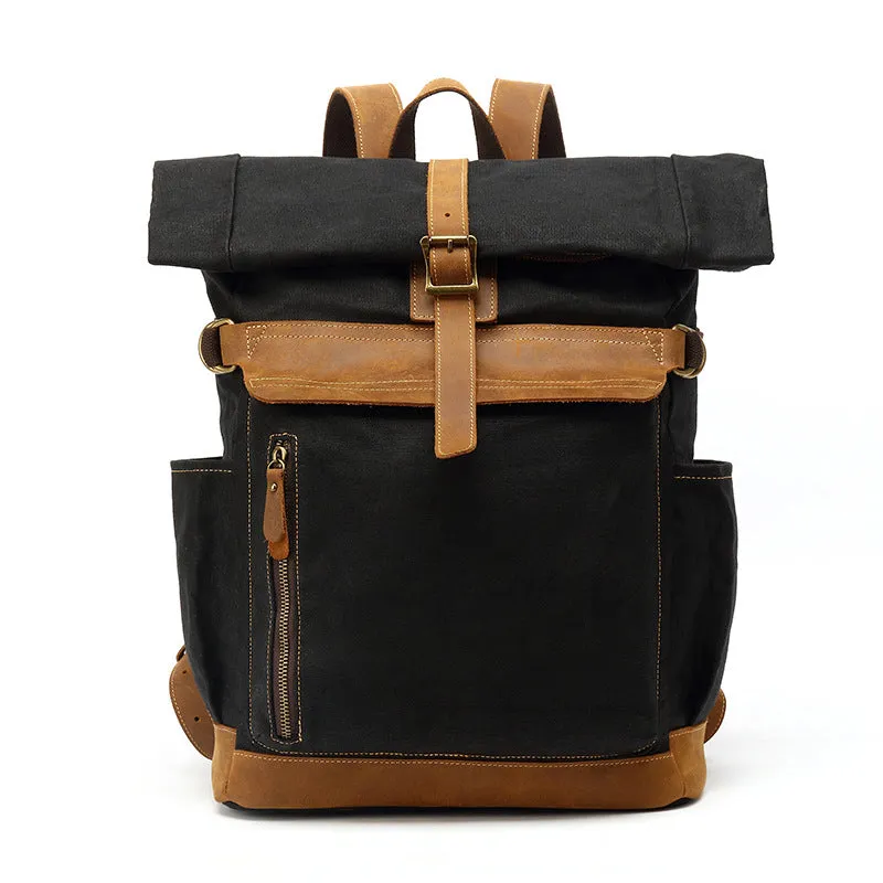Waxed Canvas Leather Backpack Large Travel School Bag Mens Laptop Rucksack