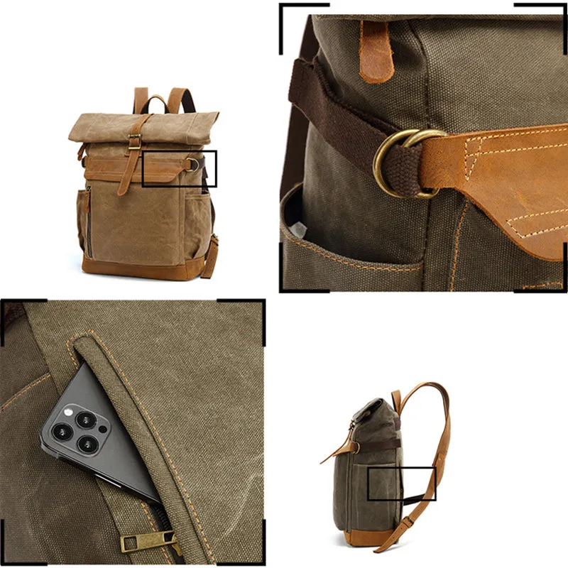 Waxed Canvas Leather Backpack Large Travel School Bag Mens Laptop Rucksack