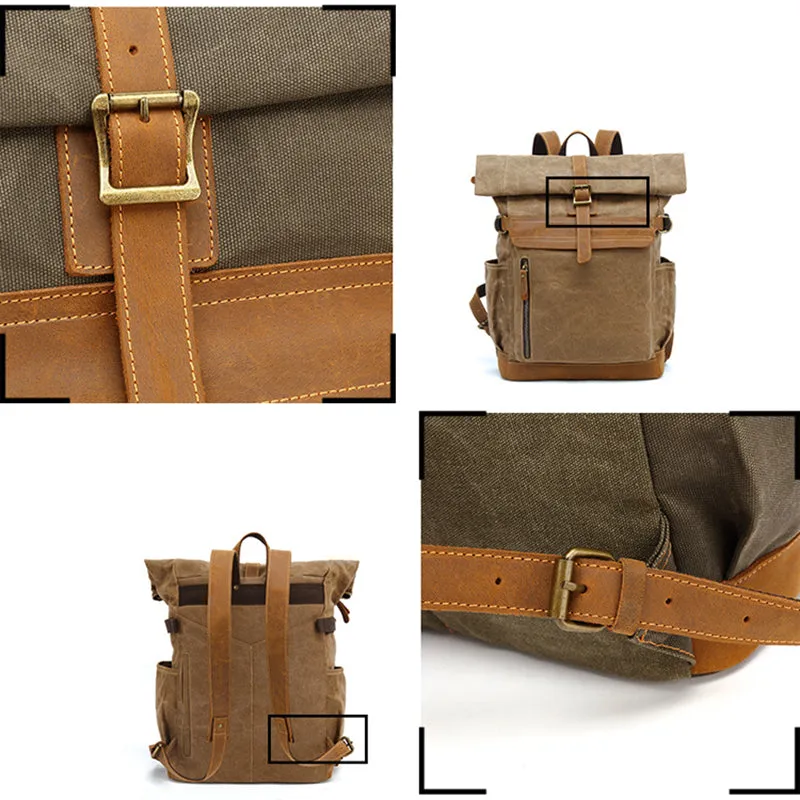 Waxed Canvas Leather Backpack Large Travel School Bag Mens Laptop Rucksack