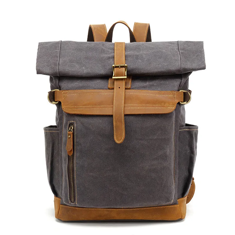 Waxed Canvas Leather Backpack Large Travel School Bag Mens Laptop Rucksack