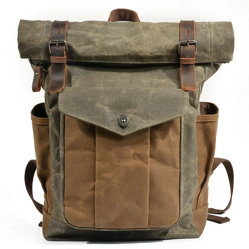 Waxed Canvas Leather Backpack With Roll Up Top Unisex Waterproof Canvas Travel Rucksack Laptop Backpack Christmas Gifts