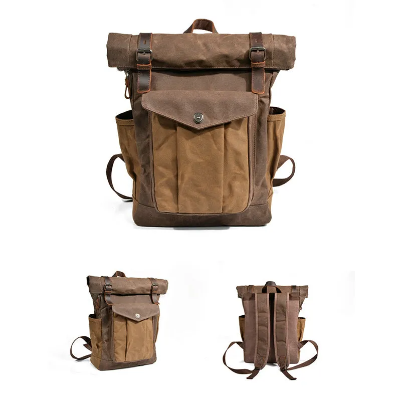 Waxed Canvas Leather Backpack With Roll Up Top Unisex Waterproof Canvas Travel Rucksack Laptop Backpack Christmas Gifts