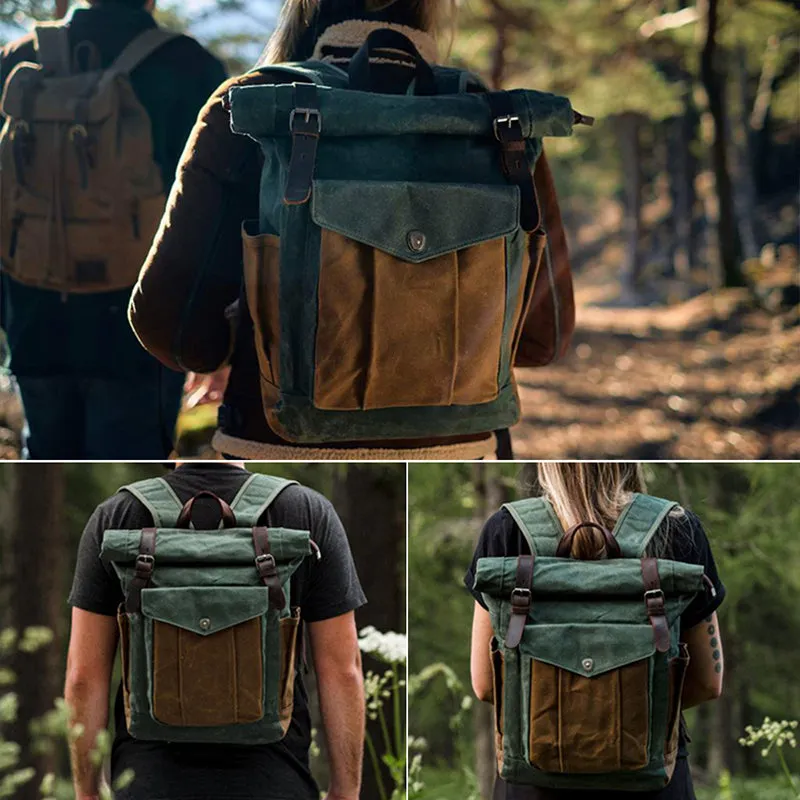 Waxed Canvas Leather Backpack With Roll Up Top Unisex Waterproof Canvas Travel Rucksack Laptop Backpack Christmas Gifts