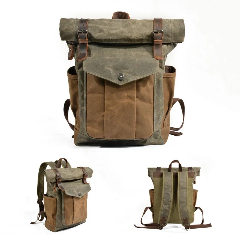 Waxed Canvas Leather Backpack With Roll Up Top Unisex Waterproof Canvas Travel Rucksack Laptop Backpack Christmas Gifts