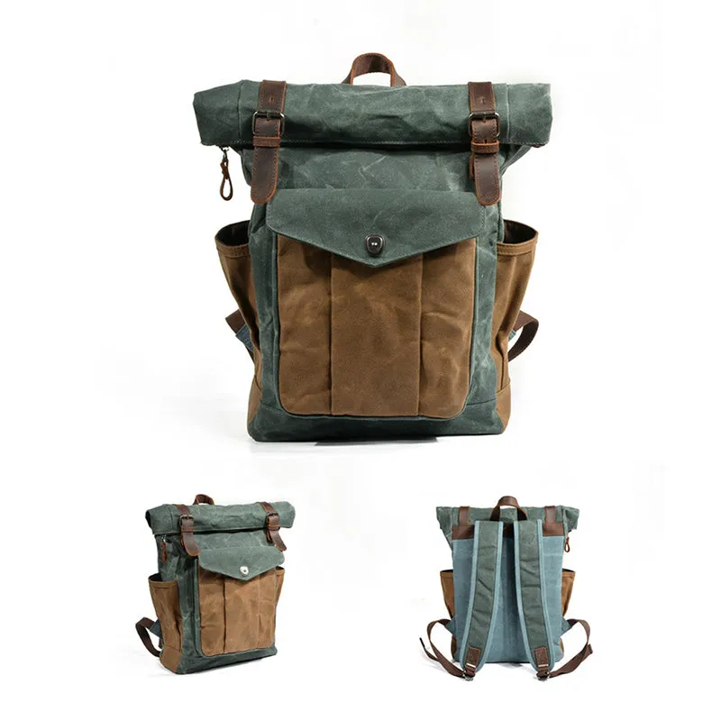 Waxed Canvas Leather Backpack With Roll Up Top Unisex Waterproof Canvas Travel Rucksack Laptop Backpack Christmas Gifts