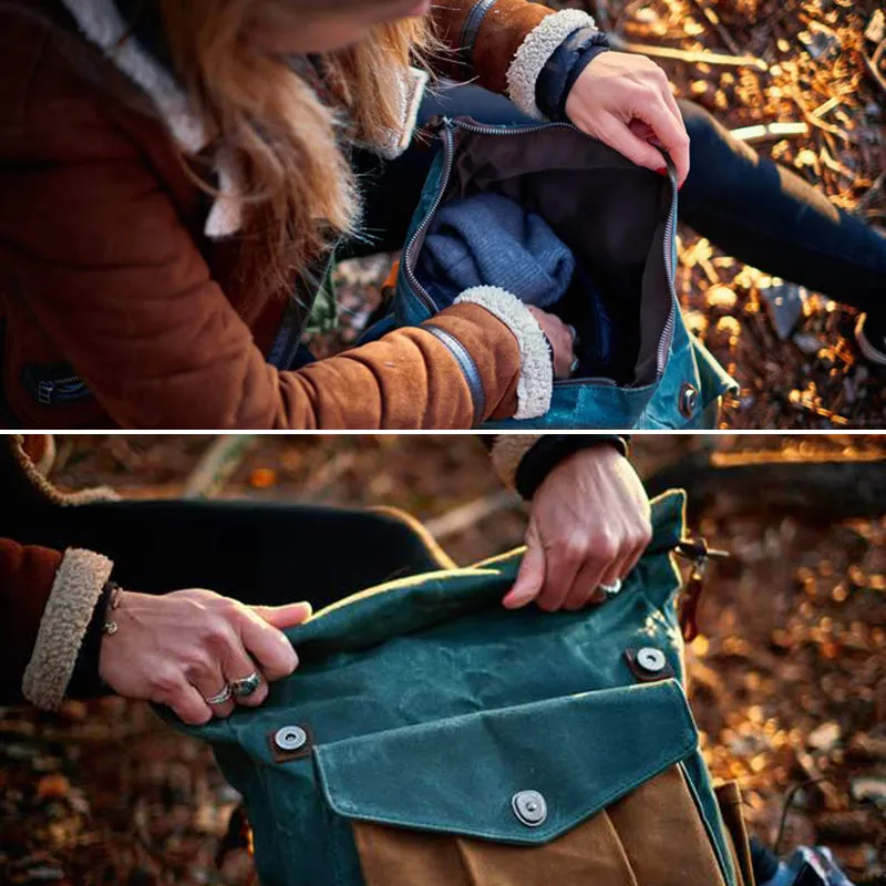 Waxed Canvas Leather Backpack With Roll Up Top Unisex Waterproof Canvas Travel Rucksack Laptop Backpack Christmas Gifts
