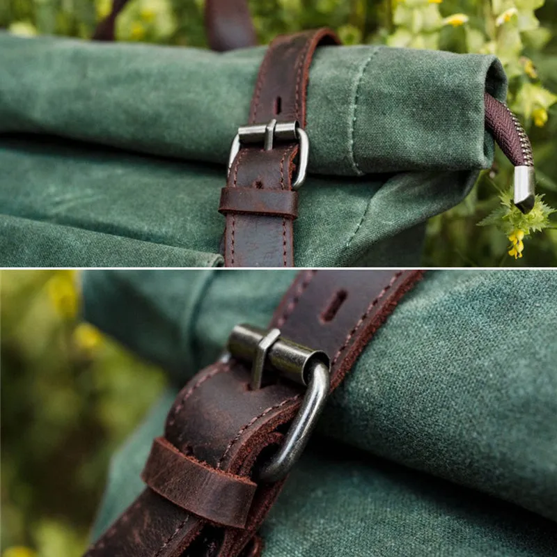 Waxed Canvas Leather Backpack With Roll Up Top Unisex Waterproof Canvas Travel Rucksack Laptop Backpack Christmas Gifts
