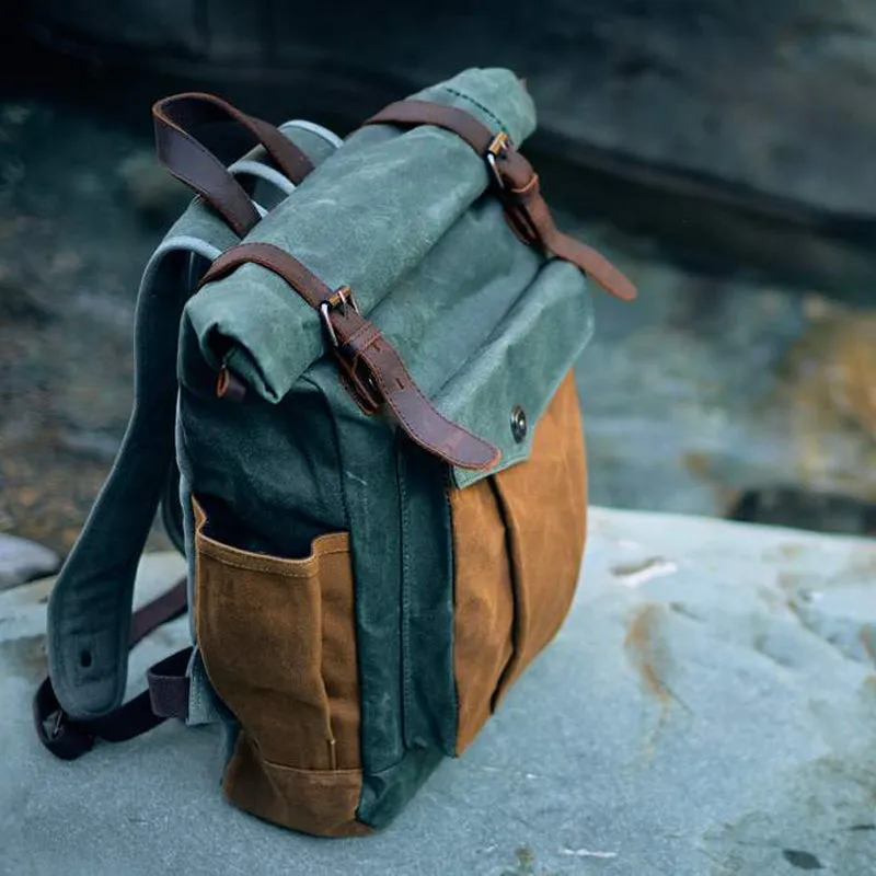 Waxed Canvas Leather Backpack With Roll Up Top Unisex Waterproof Canvas Travel Rucksack Laptop Backpack Christmas Gifts