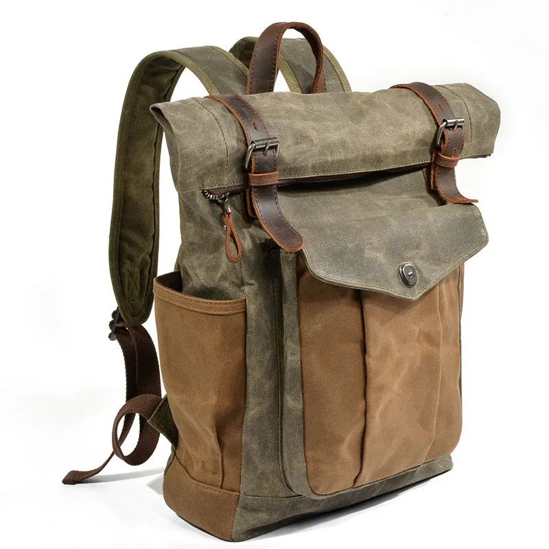 Waxed Canvas Leather Backpack With Roll Up Top Unisex Waterproof Canvas Travel Rucksack Laptop Backpack Christmas Gifts