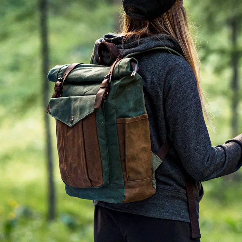Waxed Canvas Leather Backpack With Roll Up Top Unisex Waterproof Canvas Travel Rucksack Laptop Backpack Christmas Gifts