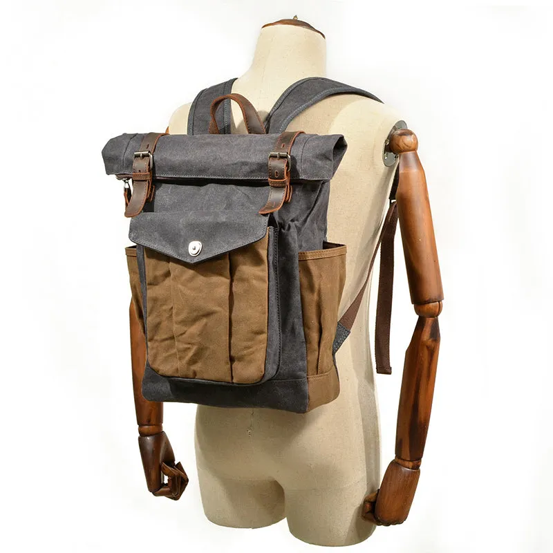 Waxed Canvas Leather Backpack With Roll Up Top Unisex Waterproof Canvas Travel Rucksack Laptop Backpack Christmas Gifts