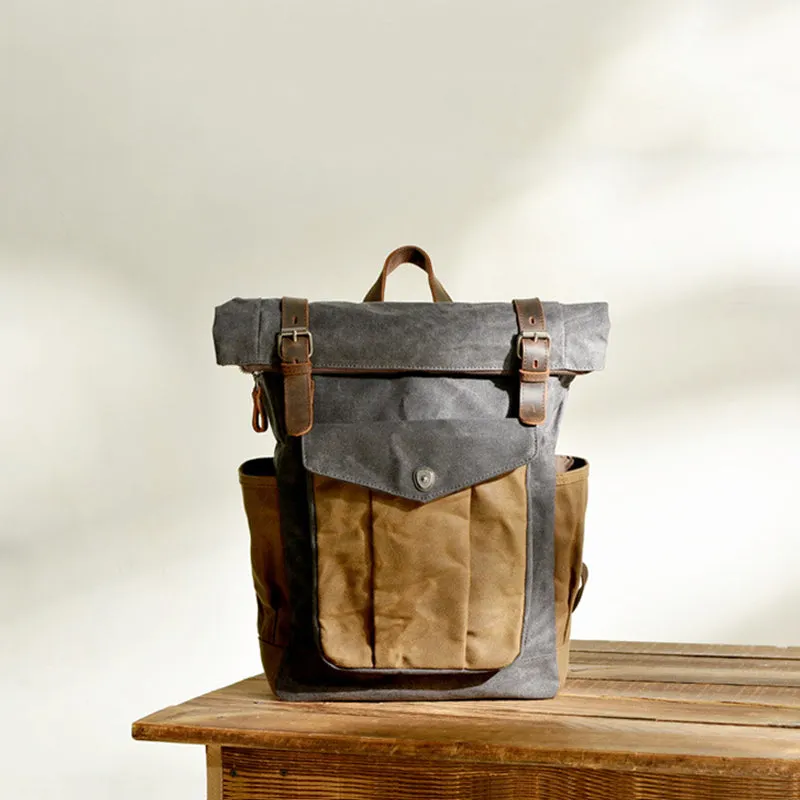 Waxed Canvas Leather Backpack With Roll Up Top Unisex Waterproof Canvas Travel Rucksack Laptop Backpack Christmas Gifts