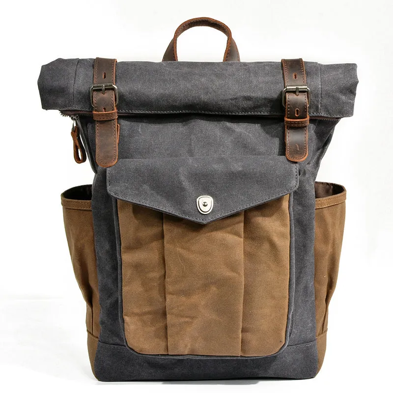Waxed Canvas Leather Backpack With Roll Up Top Unisex Waterproof Canvas Travel Rucksack Laptop Backpack Christmas Gifts