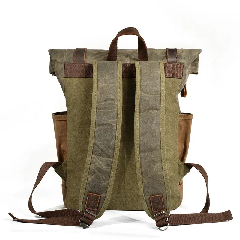 Waxed Canvas Leather Backpack With Roll Up Top Unisex Waterproof Canvas Travel Rucksack Laptop Backpack Christmas Gifts