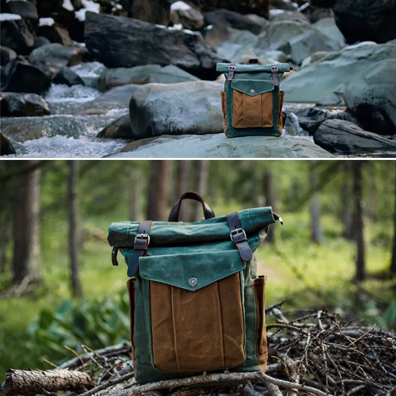 Waxed Canvas Leather Backpack With Roll Up Top Unisex Waterproof Canvas Travel Rucksack Laptop Backpack Christmas Gifts