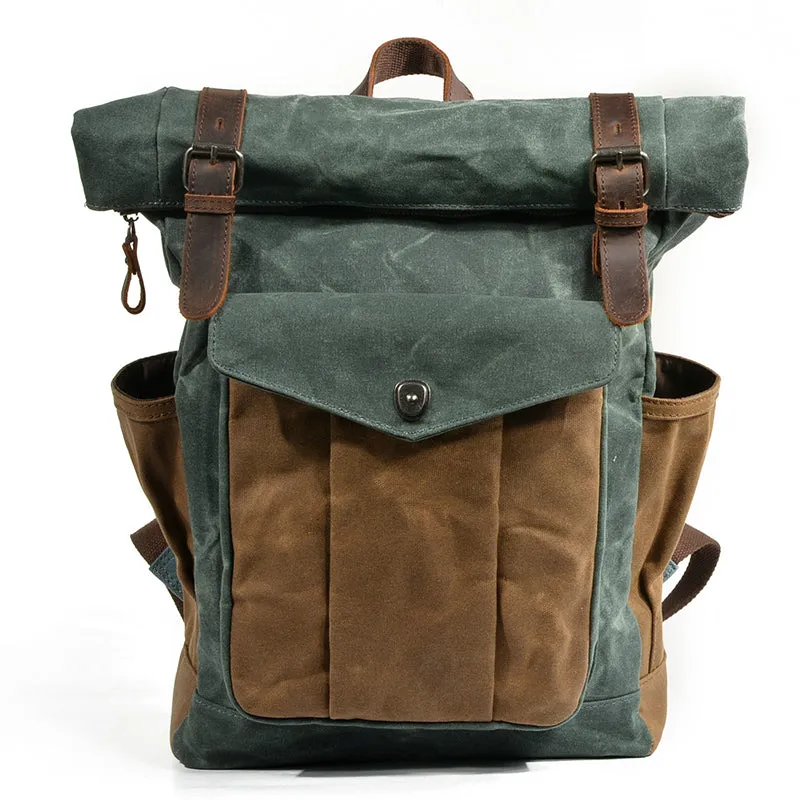 Waxed Canvas Leather Backpack With Roll Up Top Unisex Waterproof Canvas Travel Rucksack Laptop Backpack Christmas Gifts