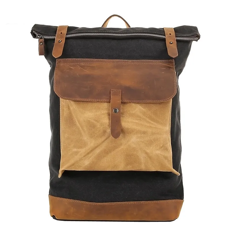 Waxed Canvas With Leather Backpack, Waterproof College Bag, Travel Bag