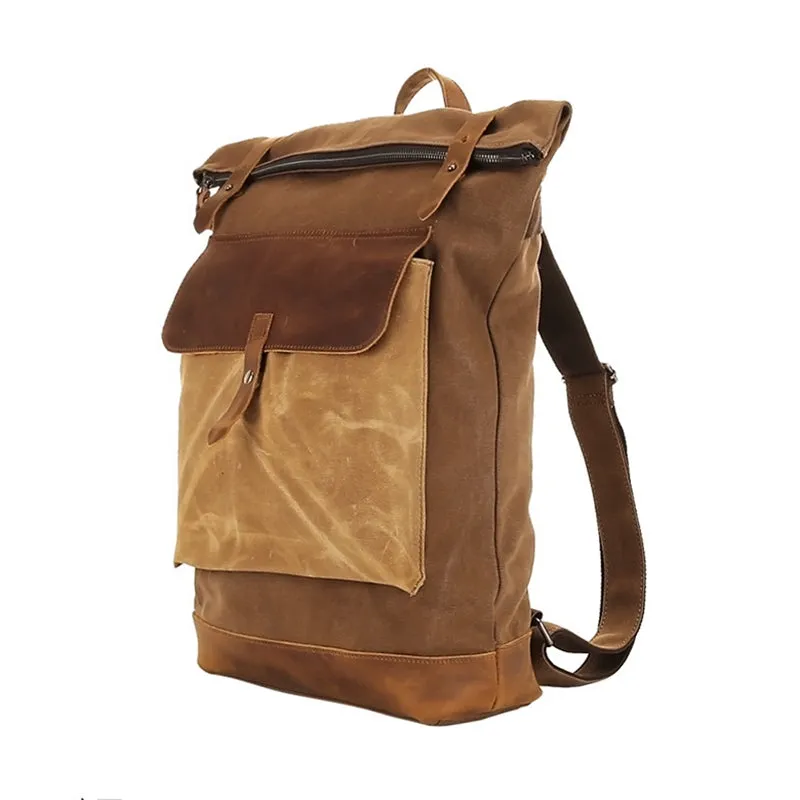 Waxed Canvas With Leather Backpack, Waterproof College Bag, Travel Bag