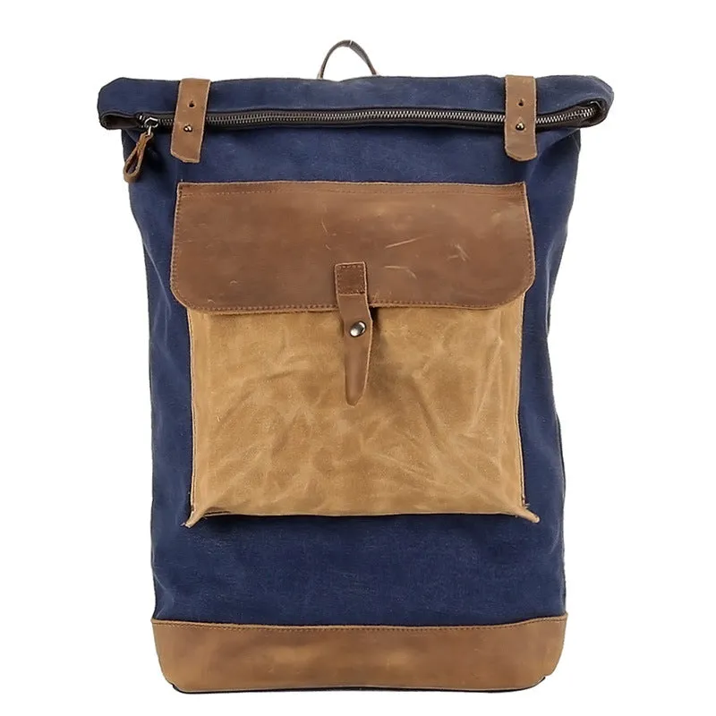 Waxed Canvas With Leather Backpack, Waterproof College Bag, Travel Bag