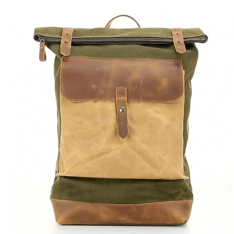 Waxed Canvas With Leather Backpack, Waterproof College Bag, Travel Bag