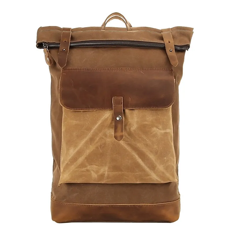 Waxed Canvas With Leather Backpack, Waterproof College Bag, Travel Bag