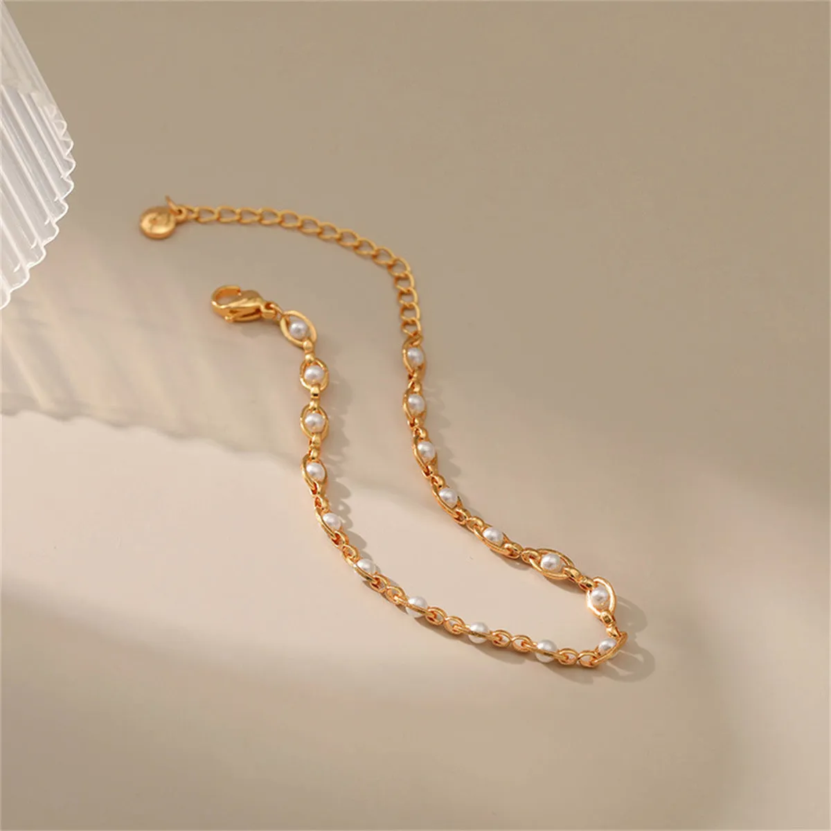 White Pearl & 18K Gold-Plated Oval Station Anklet