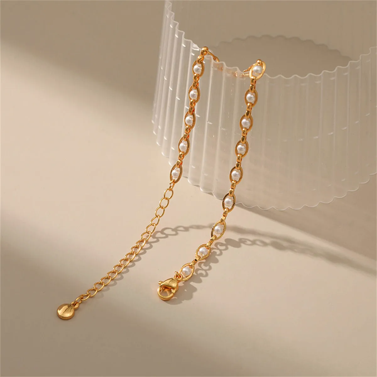 White Pearl & 18K Gold-Plated Oval Station Anklet