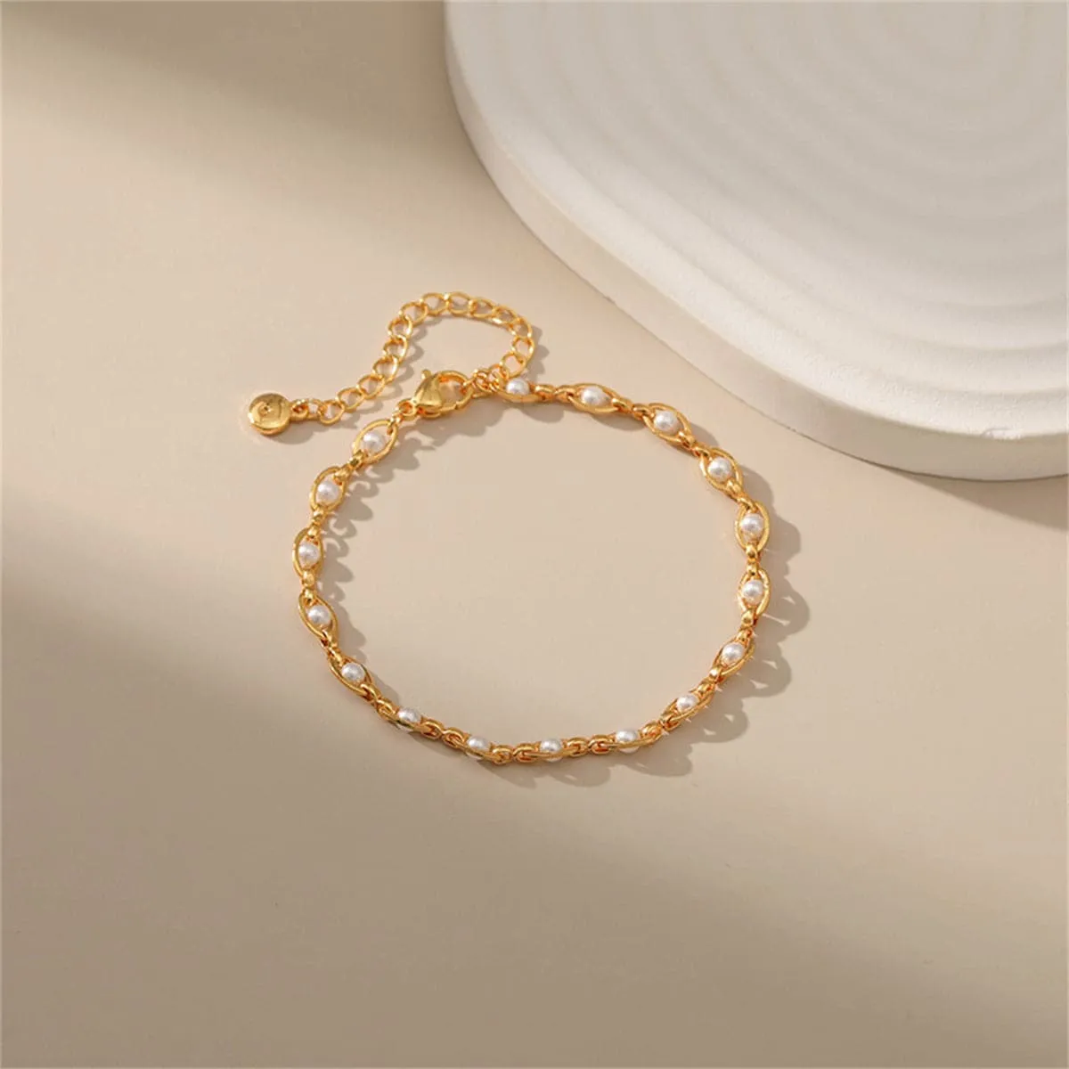 White Pearl & 18K Gold-Plated Oval Station Anklet