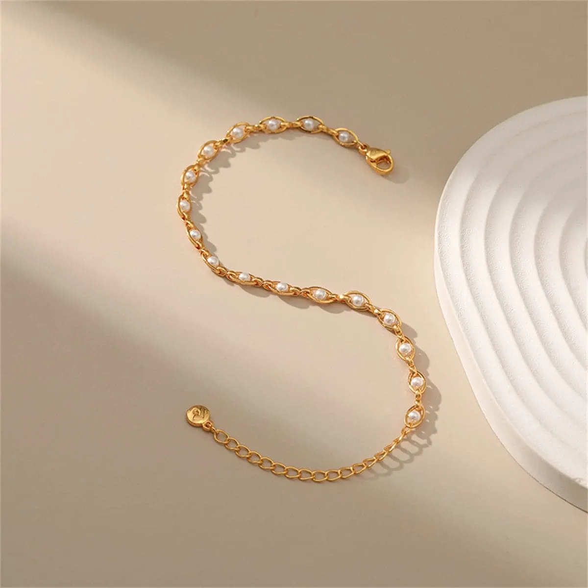 White Pearl & 18K Gold-Plated Oval Station Anklet