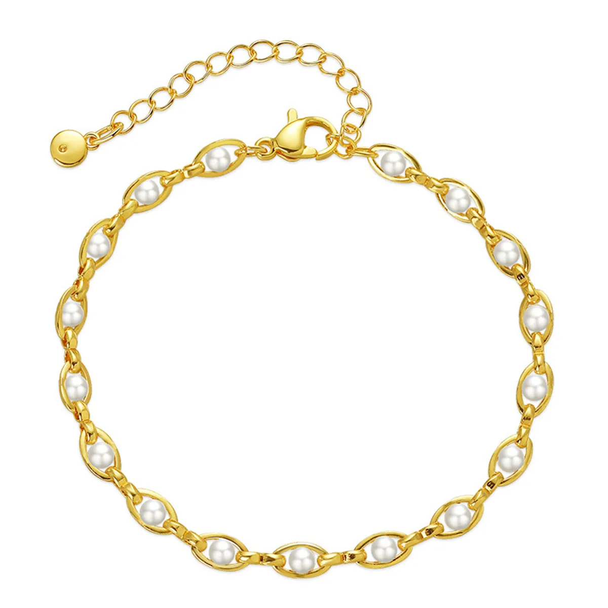 White Pearl & 18K Gold-Plated Oval Station Anklet