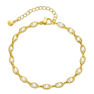 White Pearl & 18K Gold-Plated Oval Station Anklet
