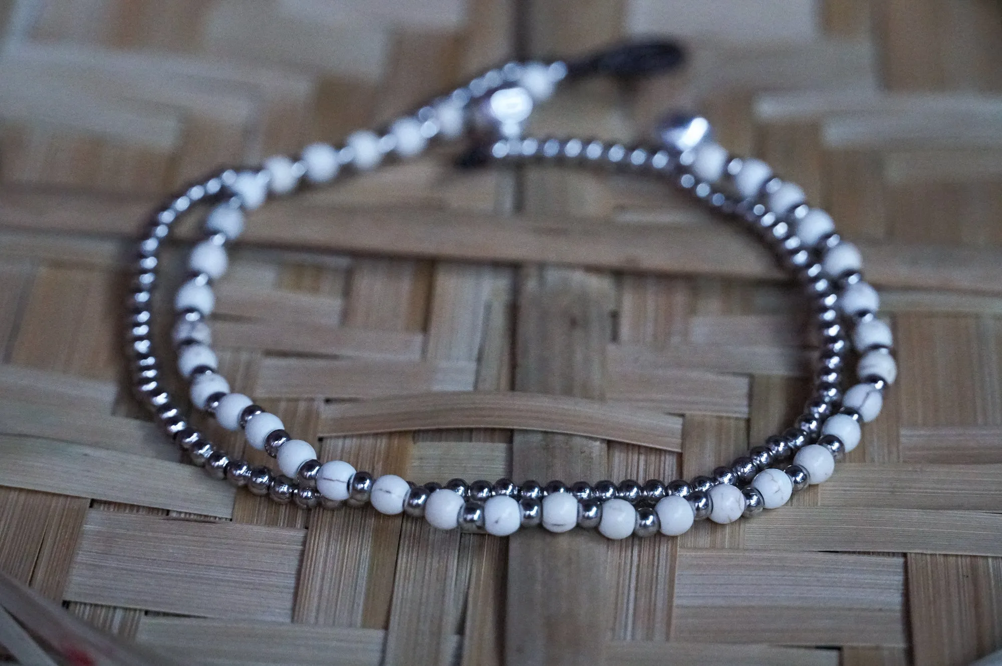 White Turquoise Beaded Boho Silver Anklet