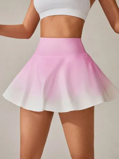 Wide Waistband Gradient Two-In-One Sports Skort With Pockets On Both Sides – Comfortable & Functional