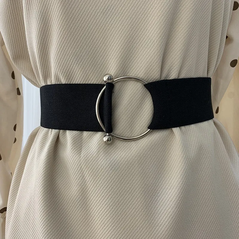 Women Black Simple Waist Elastic Ladies Band Round Buckle belt