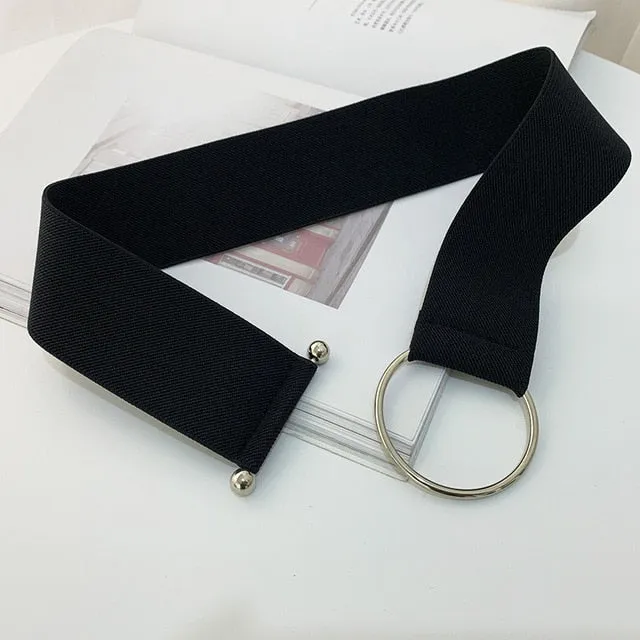 Women Black Simple Waist Elastic Ladies Band Round Buckle belt