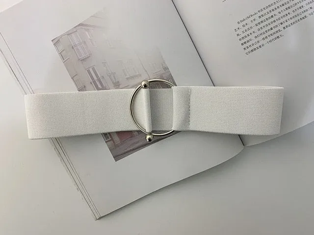 Women Black Simple Waist Elastic Ladies Band Round Buckle belt