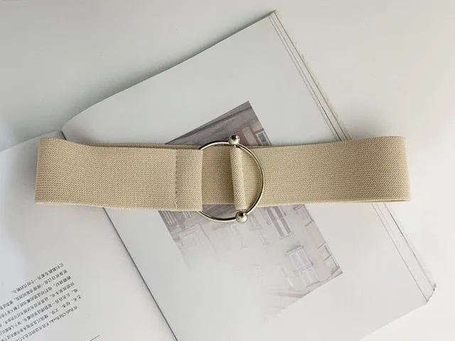 Women Black Simple Waist Elastic Ladies Band Round Buckle belt