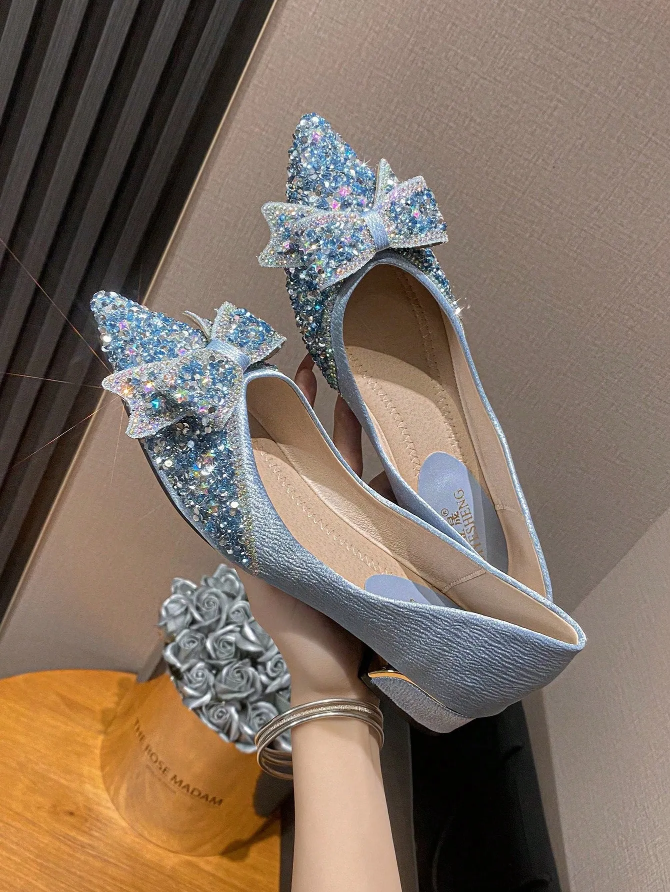 Women Rhinestone & Bow Decor Point Toe Flats, Glamorous Fabric Flats For Party