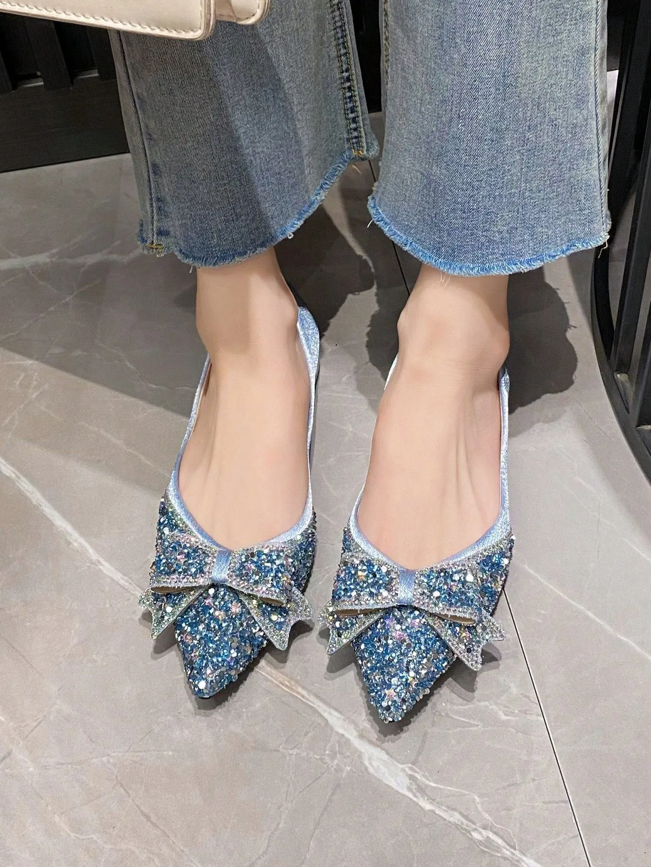 Women Rhinestone & Bow Decor Point Toe Flats, Glamorous Fabric Flats For Party